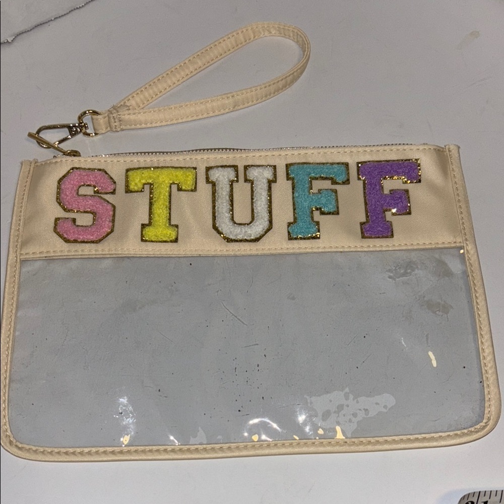 BEIGE COLORED CLEAR CHENILLE LETTER “STUFF”  BAG SUPER CUTE VERY VERSATILE FUN